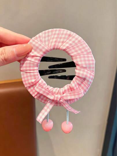 1 pieza Lindo clip de pelo con lazo a cuadros rosa y colgante de corazón rosa, accesorio de pelo dulce para niñas