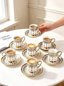 Set Of 6 Ceramic Coffee Cups And Saucers (90 Ml Each), Suitable For Use In The Microwave And Dishwasher; Includes Espresso Cups And Arabic Coffee Cups. Ideal For Afternoon Tea, Cafes, The Kitchen And Home Decor; The Perfect Gift. - Multicolor - View 3