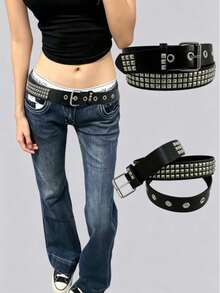 New Rivet Belt Women's Heavy Metal Belt Unisex Y2K Belt European And American Punk Rock Jeans Belt - Black - View 1