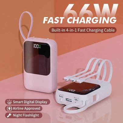 XBJ Tragbare 10000-mAh-Powerbank, luftzugelassen für Flugreisen, mit LED-Display und integriertem 4-in-1-Ladekabel. Kann bis zu 7 Geräte gleichzeitig aufladen und unterstützt 22.5-W-Schnellladung. Kompakt und handlich, ideal für Pendeln, Flugreisen sowie Camping – tolles Vatertagsgeschenk.