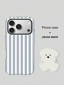 Koolife 1 buah Casing Ponsel Motif Garis + Stand Ponsel, Desain Minimalis, Bahan PC+TPU, Cangkang Keras Mengkilap 2-in-1, Anti Gores Anti Guncangan, Cocok Untuk iPhone 11, 12, 13, 14, 15, 16, 17/Pro/ProMax - Biru - View 2