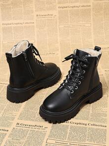 Zapatos de mujer nuevos para otoño/invierno 2026, botas cálidas para mujer, zapatos casuales versátiles y de moda para mujer, botas de tobillo planas, botas con cordones y cremallera - Negro - Ver 5