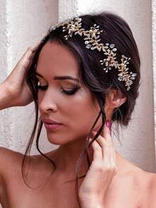 1pc Shiny Bridal Headband With Full Rhinestone Alloy Leaf Design, Women's Hair Accessory For Wedding, Party, Celebration, Ball Dress Up - Gold - View 5
