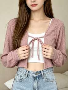 1件女款夏季薄款雪紡長袖寬鬆防曬襯衫，時尚百搭短款外套披肩，適合搭配背心穿著 - 彩色 - 查看 17