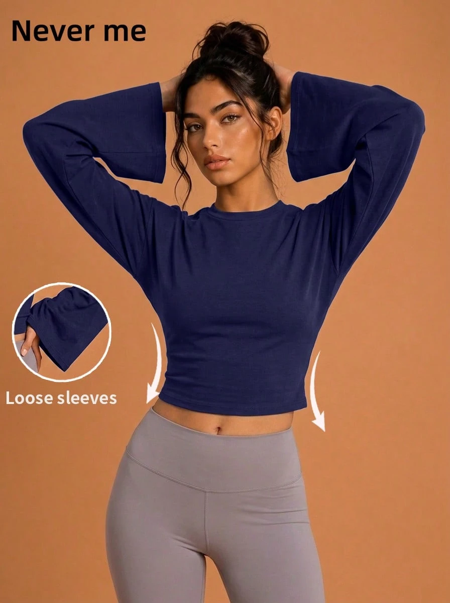 Never me Women's Navy Blue Round Neck Wide Flare Long Sleeve Cropped Top With Side Ruched Waist, Fitness Base Layer - Navy Blue - View 1