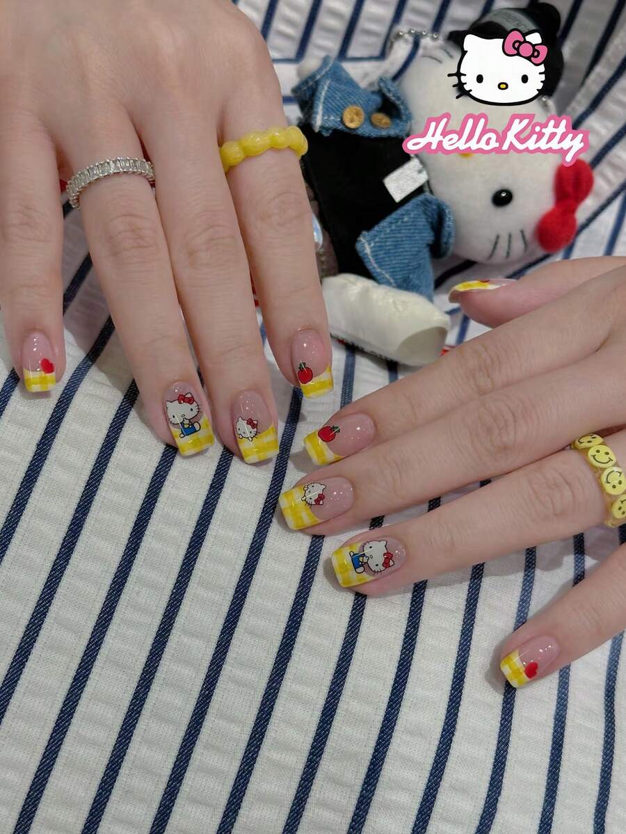 Sanrio Hello Kitty 24片中號正方形可愛3D黃色格紋法式穿戴甲,附Hello Kitty、水果與愛心圖案裝飾設計,適合壓克力假指甲套組,含1片果凍膠與1個指甲锉,適合女孩派對與聚會使用 - 彩色 - 查看 1