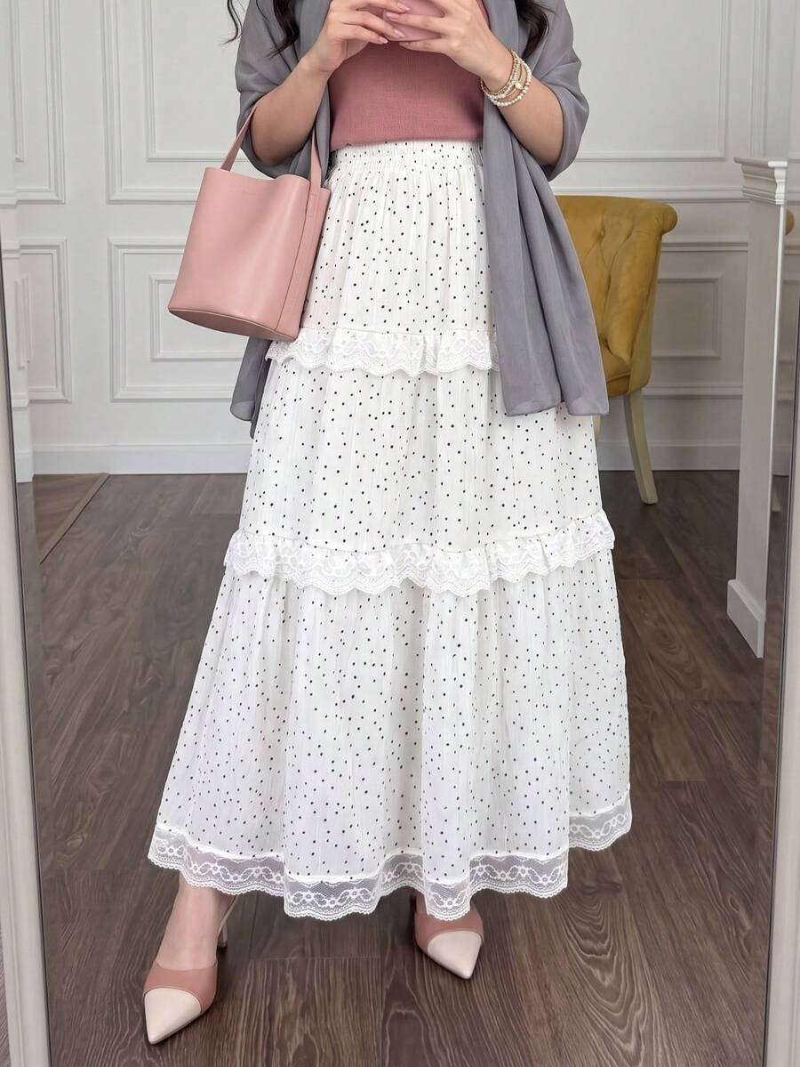 Women's Spring/Summer White Small Polka Dot Lace Trim Layered Cake Skirt, Gentle Style Commute & Travel Skirt - White - View 1