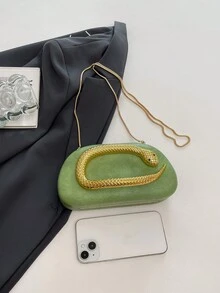 女款復古晚宴斜挎手拿包，橢圓硬殼包，3D金色蛇紋裝飾圖案，奢華哥德風手提包，適合晚餐約會與雞尾酒會 - 綠色 - 查看 6