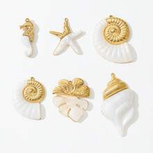 1/6pcs Ocean Shell Pendant, Gold Tone Conch Starfish Horseshoe Pendant, Pearl Effect DIY Jewelry Accessories, Suitable For Necklace Bracelet Making - Yellow Gold - View 3