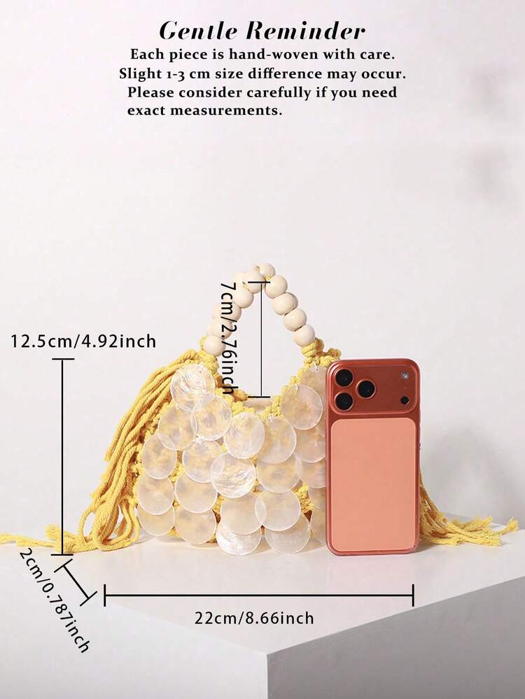 Bohemian Style Shell Knitted Handbag With Wooden Bead Handle, Suitable For Beach Vacation, Travel And Summer Holiday; Suitable For Girls And Adult Women - Yellow - View 4