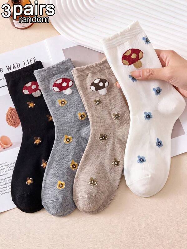 3 pares de calcetines unisex surtidos al azar multicolor con estampado de setas y flores pequeñas, ribete de volantes, suaves con la piel, duraderos, cómodos y transpirables, estilo bosque, suaves, de media caña, para uso diario, hogar, desplazamientos, oficina y regalo de vacaciones