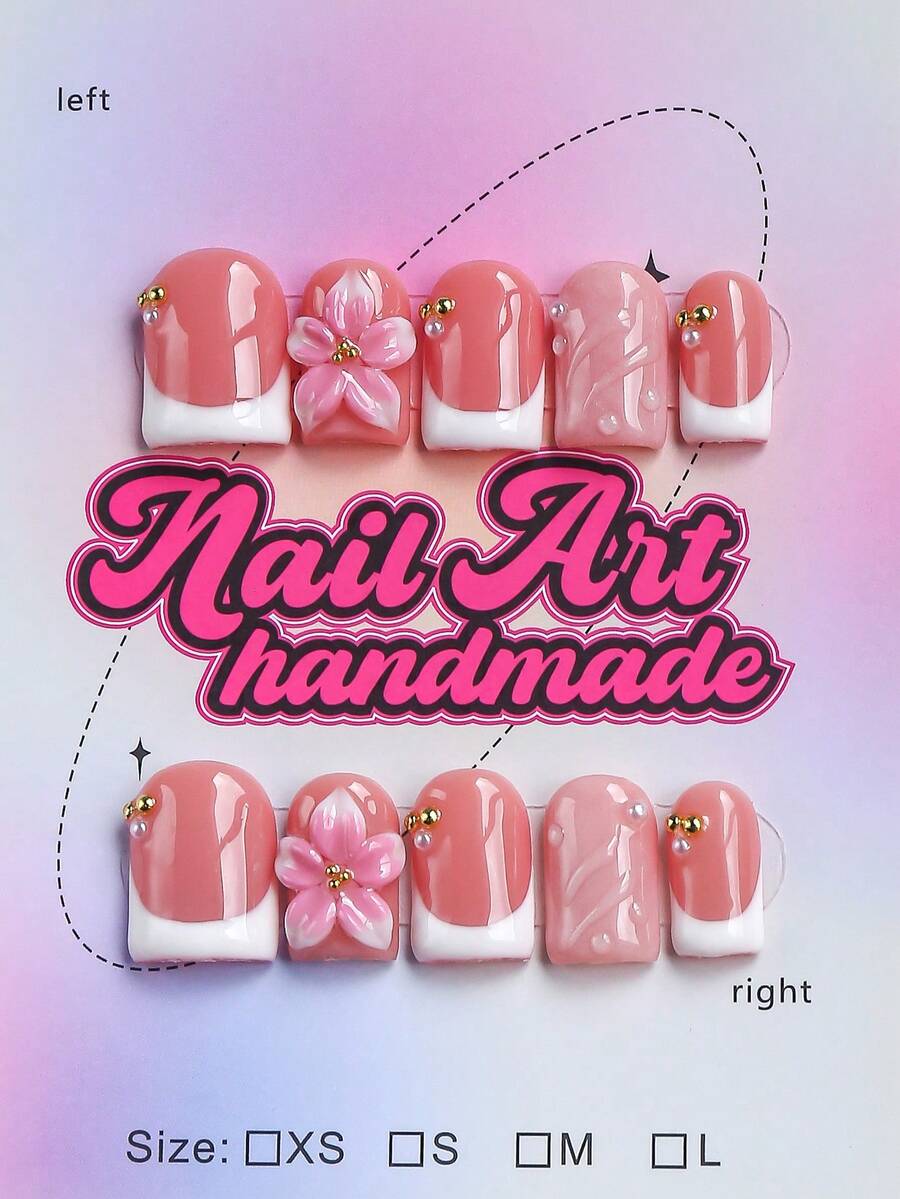10pcs/Set Handmade Square Pointed False Nails, Y2K Baddie Style, Nude Pure White French Tip, 3D Pink Flower Pearl Small Gold Bead Decor, Gentle Daily, Suitable For Party, Dance, Daily Wear, Comes With Tool Set, Perfect Gift For Women - White - View 1