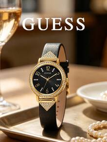 GUESS Women Gold Rhinestone Watch, Black Sunburst Dial Triangle Crystal Decor Black Leather Strap Elegant Quartz Wristwatch - Black - View 5