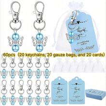 60pcs/Set Angel Keychain Gift Set, Includes 20 Keychains, 20 Transparent Organza Bags And 20 Thank You Cards, Suitable For Wedding Gifts, Baptism Party Gifts, Birthday Party Gifts And Guest Gifts (Pink, Blue) - A - View 18