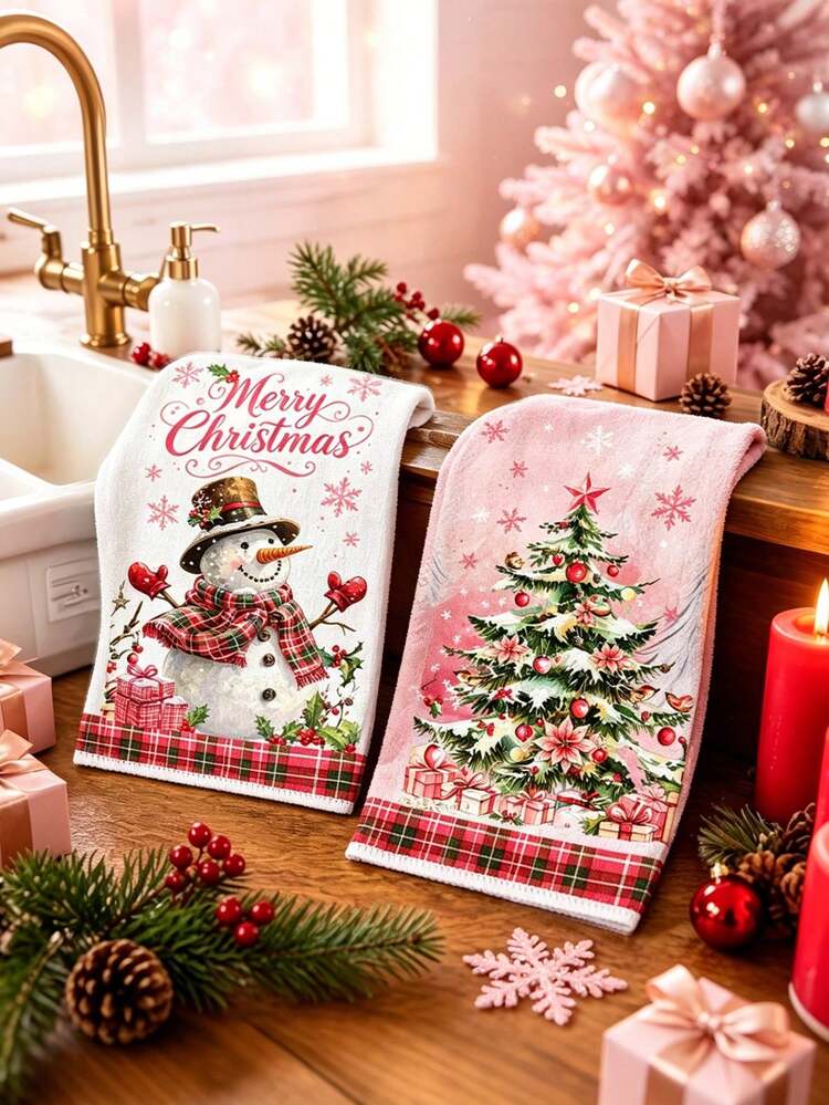 2pcs Pink Christmas Kitchen Towels, 40*48cm Snowman & Christmas Tree Pattern, Soft Polyester Hand Towels, Holiday Winter Home Decor, Christmas Kitchen Accessories, Dining Table Decor, Bathroom Housewarming Gift - Pink Plaid Snowman - View 6