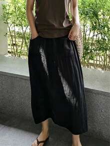 女款寬鬆大尺碼休閒開衩褲腳長褲，2合1設計腳踝長度黑色 - 黑色 - 查看 7