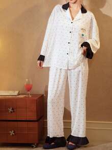 Gongdie 2pcs Set Piyama Wanita Miffy, Pakaian Santai Lembut dan Halus Warna Putih Musim Semi/Musim Gugur, Motif Polkadot Hitam, Hem Berumbai - Putih - View 3