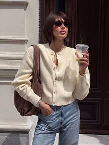 Fall/Winter Milk White Casual Knit Cardigan, All-Match Versatile Gentle Elegant Going Out Top - Light Yellow - View 7