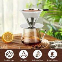1pc Stainless Steel Double-Layer Coffee Filter, Silicone Handle Design, Easy To Clean, Reusable, Portable, For Filtering Coffee, Hot Drinks, Tea, Suitable For Home, Office, Restaurant - Silver - View 5