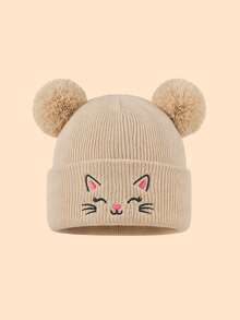 1PC Toddler Cartoon Cat Embroidered Double Pom Pom Knitted Hat, Foldable Soft Warm Beanie, Suitable For Toddler Daily Outings Winter Hat - Multicolor - View 9