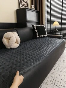 SANMOSPIN 1PC Solid Color Piped Quilted Plush Sofa Cushion, Minimalist Grid Pattern, Quilted Craftsmanship, Suitable For Autumn/Winter, Soft And Comfortable Plush Sofa Cushion, Pet-Friendly Machine Washable, Bedroom Living Room Office Home Decor Protective Cover - Dark Grey - View 5