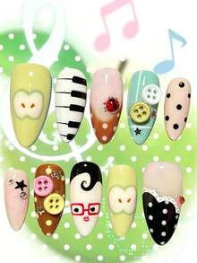 10pcs Handmade Medium-Long Almond Shape Press-On Nails, Cute Cartoon Style With Apple, Piano And 3D Decor Elements, Y2K Cute Fake Nail Set, Reusable, Suitable For Daily Wear And Party - Follow Your Heart - View 7