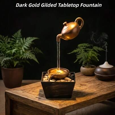 Dark Gold Gilded Floating Teapot Fountain,IP65 Waterproof Indoor Waterfall Fountain With LED Light & Stones, Zen Style Relaxation Decor For Desk, Bedroom, Living Room, Office, Ideal Gift For Relaxation & Feng Shui