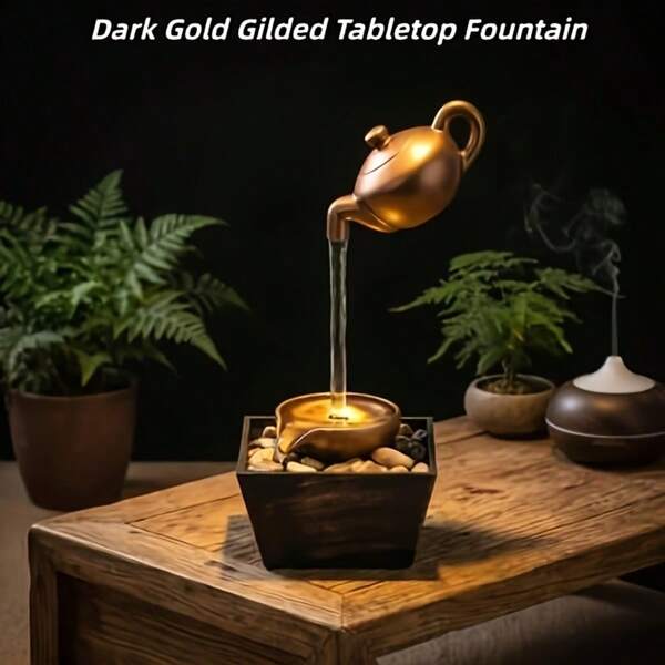 Dark Gold Gilded Floating Teapot Fountain,IP65 Waterproof Indoor Waterfall Fountain With LED Light & Stones, Zen Style Relaxation Decor For Desk, Bedroom, Living Room, Office, Ideal Gift For Relaxation & Feng Shui