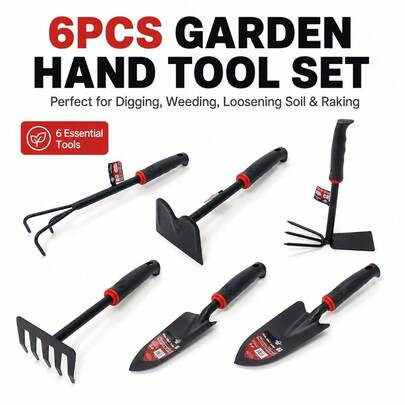 6-Piece Heavy Duty Garden Hand Tool Set, Wide & Narrow Trowels, 5-Tine Rake, 3-Prong Cultivator, Hand  & Dual-Use , Durable Gardening Tools For Digging, Planting, Weeding, Transplanting And Soil Loosening