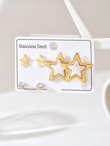 1 Set de Aretes de Acero Inoxidable con Forma de Estrella de Moda Minimalista para Mujeres, Adecuados para Uso Diario (Tarjeta Aleatoria) - Multicolor A - Ver 5