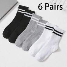 6 Pairs Unisex Striped Casual Mid-Calf Socks, Gift For Boyfriend, 1/3/6 Pairs - Set a - View 7