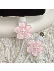 2pcs Cute Sakura Flower Cable Protector Set For Smartphone Charging Cords, TPU Material, No Battery, Universal Fit Cable Saver - 3D Flower - View 14