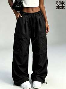 mulinsen Women's Street Style Cargo Pants, Elastic Waist Drawstring Multi-Pocket Black Long Pants - Black - View 2
