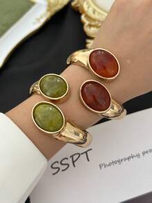 1pc European & American Exaggerated Symmetrical Double Stone Gilded Open Cuff Bracelet, Adjustable Spring Design, Vintage Jade Texture, Daily & Formal Versatile Accessory - Multicolor - View 1