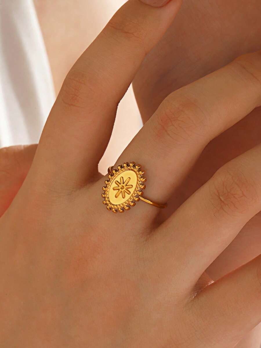 1pc Stainless Steel 18K Gold Plated Minimalist Sun Ring, Suitable For Women's Daily And Party Wear - Gold - View 1