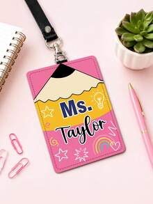 1pc Custom Personalized Teacher Badge Holder, Leather ID Card Holder With Custom Name, School Staff Badge Holder, Teacher Gift - Multicolor - View 7