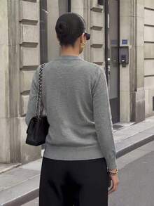Women's Autumn/Winter Mixed Gray Crew Neck Knit Top With Paisley Print Scarf Tie, Commute Work Top - Grey - View 6