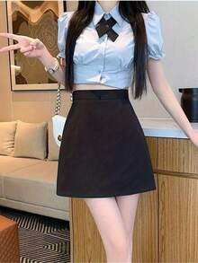 Elegant High Waisted Stretch Mini Skirt Solid Black Bodycon Short Skirt Slim Fit Elastic Waist Casual Skirt For Women Spring Summer Autumn - Black - View 2