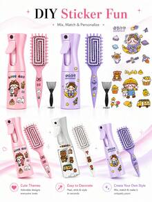 可愛 DIY 造型禮品套組，包含噴霧瓶、造型梳、尾梳和卡通貼紙頁，便攜式美髮護理套裝，適合女性，粉色、紫色、白色、綠色、黑色可選 - 彩色 - 查看 4