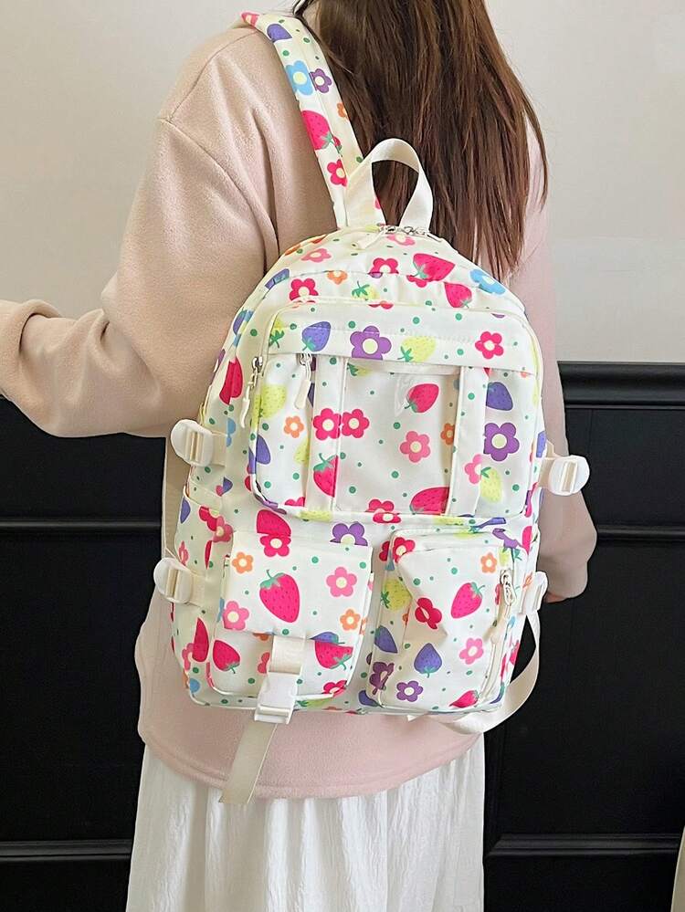 Dedoo Backpack Lunch Bag Two Pencil Cases 4Pcs,Colorful Floral Strawberry,No Pendant Clear Pocket Multi Layer Zipper Compartments,For Teen Girls SchoolDaily - Multicolor - View 3