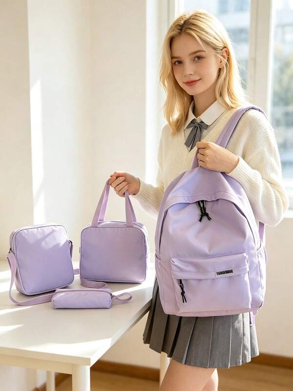 4-Piece Back To School Minimalist College Style Backpack Set, Backpack + Tote Bag + Crossbody Bag + Stationery Organizer Bag Matching Set, Large Capacity With Laptop Compartment Campus Commuter Bag, Solid Color Youth Backpack, With Adjustable Shoulder Straps, Multi-Layer Storage Space, Lightweight Zipper Storage Set, Suitable For Fresh Graduates, Students, Young Women, For Outdoor Travel And Daily Campus Use