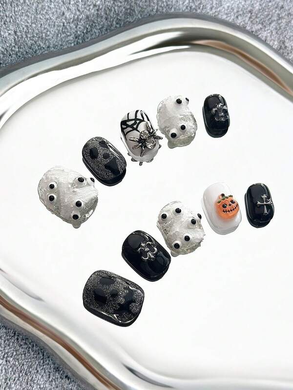 ハロウィンネイル Y2K かわいい 17.5mm 超短ラウンド ハンドメイド プレスオンネイル、ハンドメイド、目玉、ゴーストフェイス、かぼちゃ、猫の目、クモ、ウェブ、黒、白、パーソナライズ、クリエイティブ、楽しい、いたずら、誇張、ハロウィン、パーティー、アウトドア、フェスティバル、集まり、特別な機会に適しています - 10個/袋
