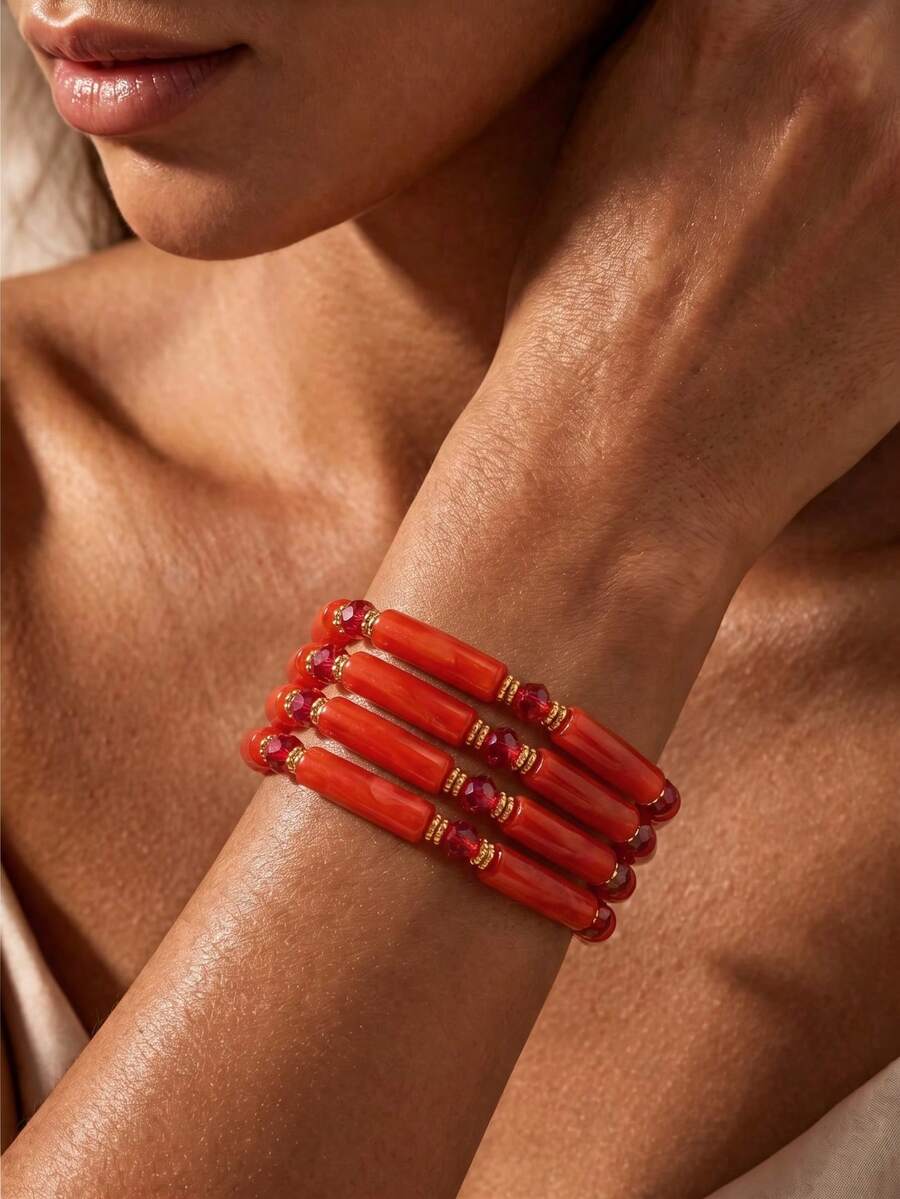 1 Set Vibrant Vintage Translucent Curved Tube Faceted Red Bracelet For Women Party & Travel - Red - View 1