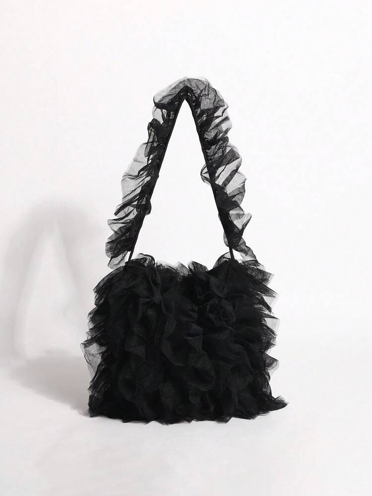 1pc Black Mesh Ruffle Tassel Pleated Princess Style Cake Skirt With Shoulder Bag - Black - View 3