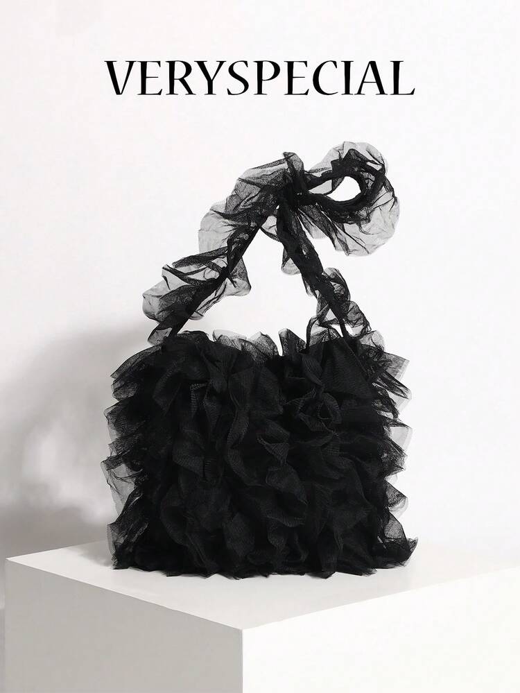 1pc Black Mesh Ruffle Tassel Pleated Princess Style Cake Skirt With Shoulder Bag - Black - View 1
