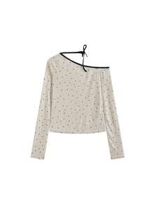 Women's Polka Dot Tie Long Sleeve Off-Shoulder Round Neck Base Layer Top (Random Polka Dot) - Apricot - View 6