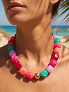 1/2pcs Summer Beach Vintage Pink Beaded Necklace, Bracelet, Earrings Set, Chunky Exaggerated Jewelry, Colorful Women's Jewelry Set Suitable For Daily Commute, Friends Gathering, Fashion Photography, Banquet Decoration, Vacation Decoration, Charming Jewelry Gift - E Rose Red - View 7