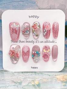10 Stück handgefertigte kurze ovale rosa Glitzer Acryl Press-On Nägel Set, glänzende Full Cover Kunstnägel mit 3D Blumen Schleife Strass, süße niedliche Nagelspitzen für Frauen Mädchen Herbst Alltag Party Geschenk - Pink - Übersicht 3