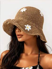 Women's Colorful Rhinestone Decorated Hollow Beach Straw Hat, Spring/Summer Sun Protection Beach Hat, Suitable For Vacation, Daily Wear, Photography And Dressing - Multi-color - Rhinestone - View 11