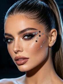 1pc Black & Silver Contrast Hollow Star & Music Note Face Decoration Sticker, Self-Adhesive, Music Festival Clear Rhinestone Smoky Eye & Cheek Cool Atmosphere Makeup Sticker, Cold Nude Makeup, Black Smoky Highlight Niche Creative Makeup Patch - Multicolor - View 4